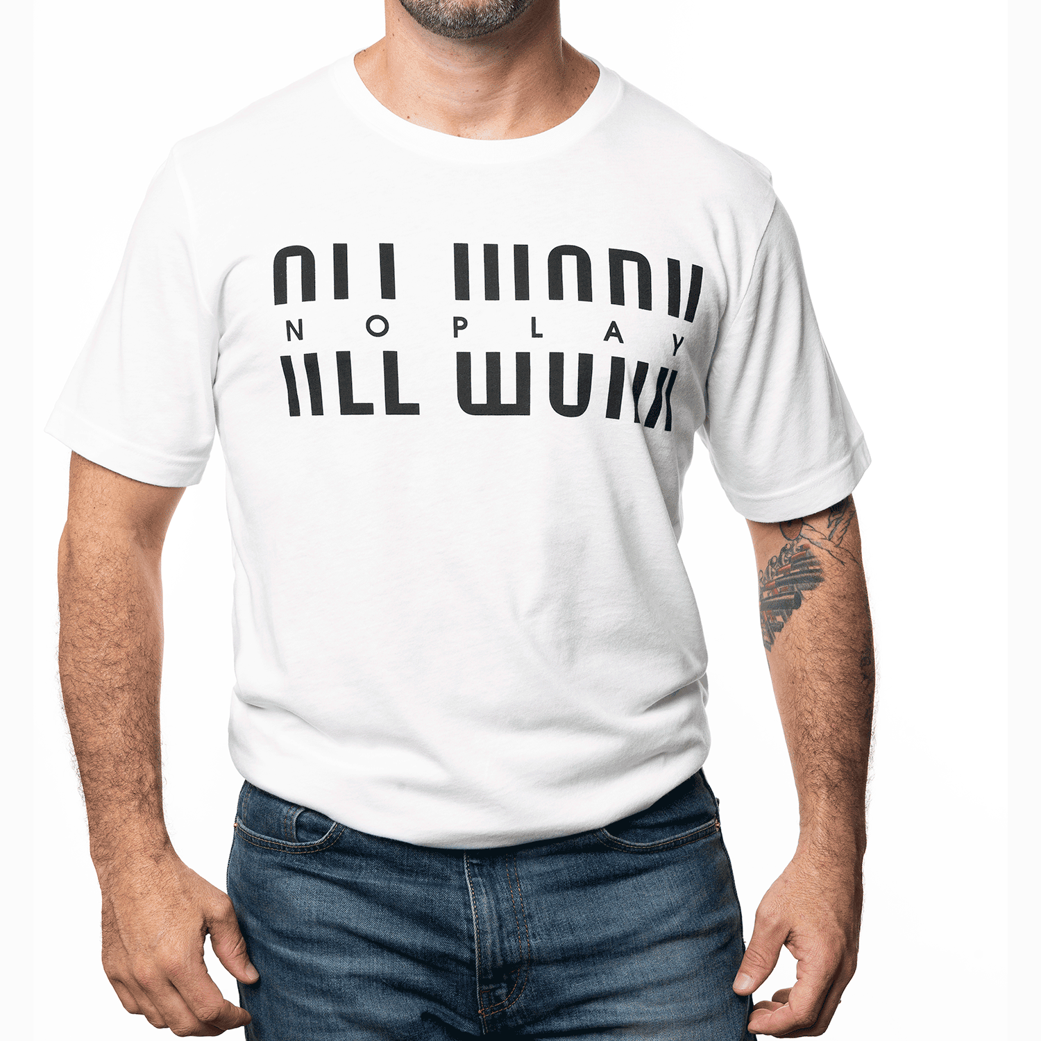 All Work No Play Tour T Shirt Soft White Tee with Black Ink Three Commas